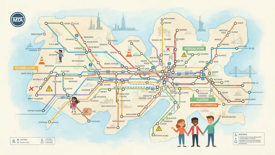 New York City subway map showing multiple train lines with service change indicators and shuttle bus routes