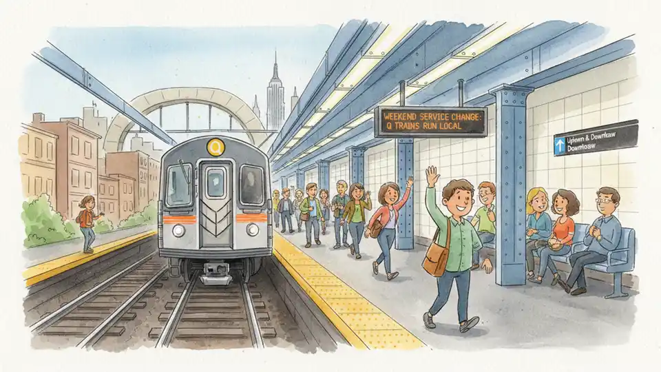 MTA subway train at platform with weekend service change notice visible on digital display board
