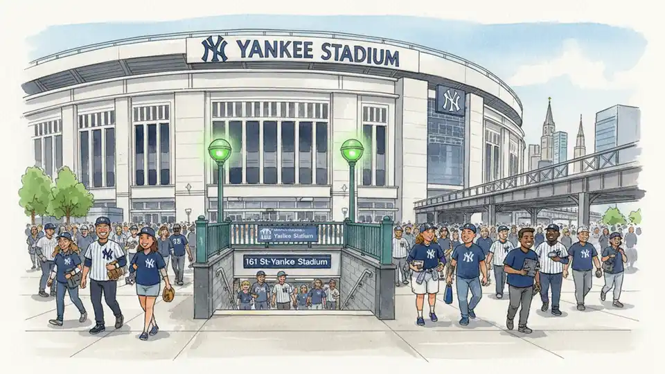 Yankee Stadium exterior with 161 St-Yankee Stadium subway station entrance in foreground, crowds of baseball fans entering station turnstiles