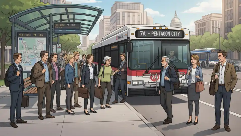 Commuters boarding public transit bus at urban station during morning rush hour