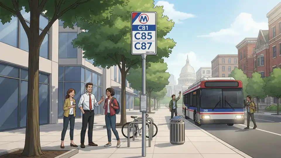 WMATA bus stop sign showing route numbers C81, C85, and C87 with stop ID number visible, clear view of pole-mounted transit signage against urban backdrop