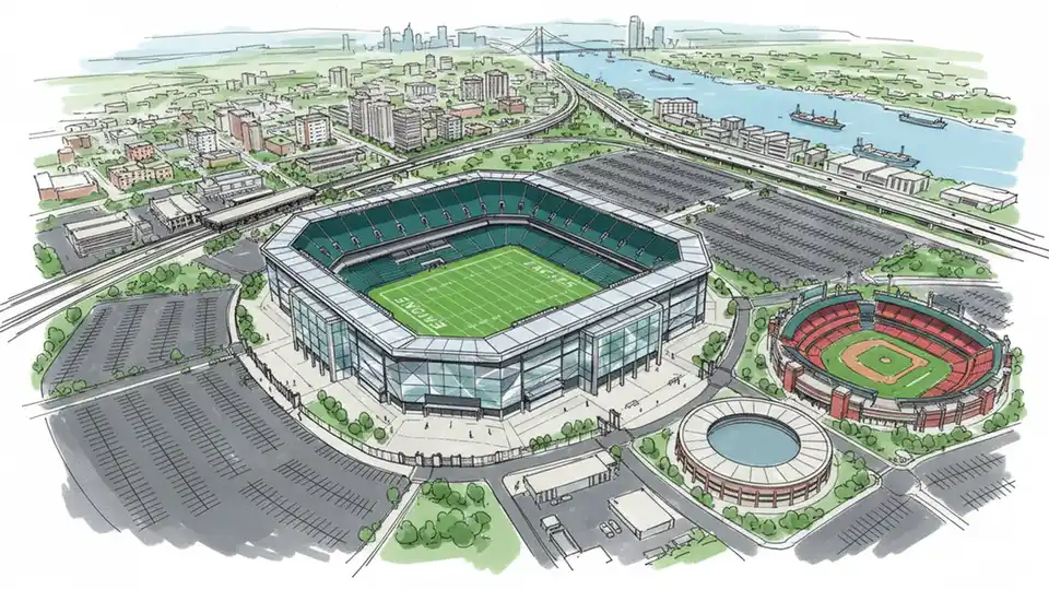 Aerial view of Lincoln Financial Field stadium with surrounding transit infrastructure and parking areas
