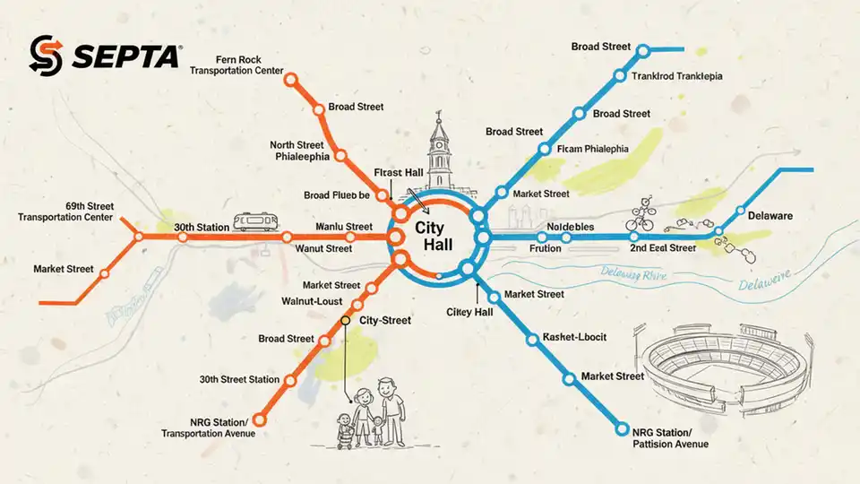 Philadelphia SEPTA subway map showing Broad Street Line and Market-Frankford Line routes through city