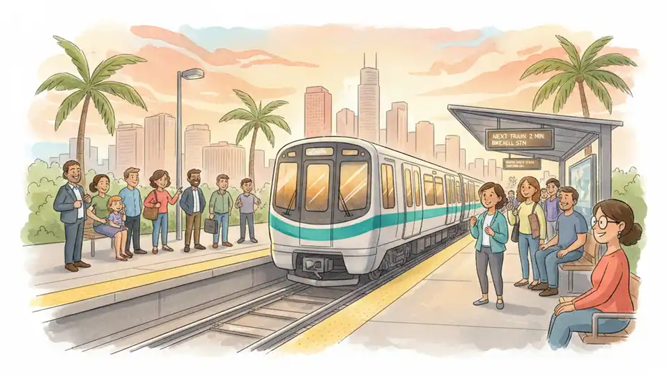 Miami Metrorail train arriving at station platform with passengers waiting during evening hours