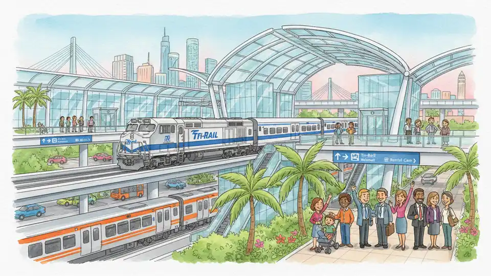 Tri-Rail commuter train at Miami Intermodal Center with modern station architecture