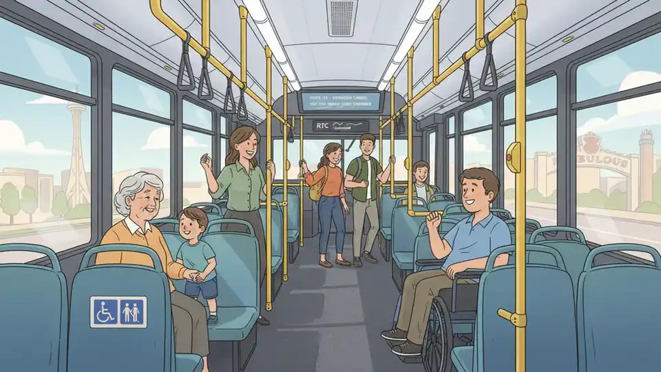 Interior view of RTC bus showing seating area and passenger amenities with natural lighting