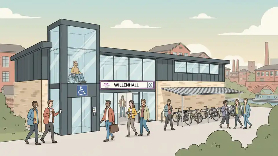 Willenhall railway station entrance with accessible lift, cycle parking facilities, and modern station building in Black Country
