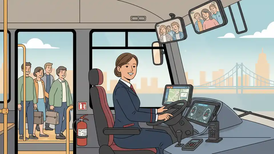 Bus driver in cab with safety monitoring equipment and passenger view mirror