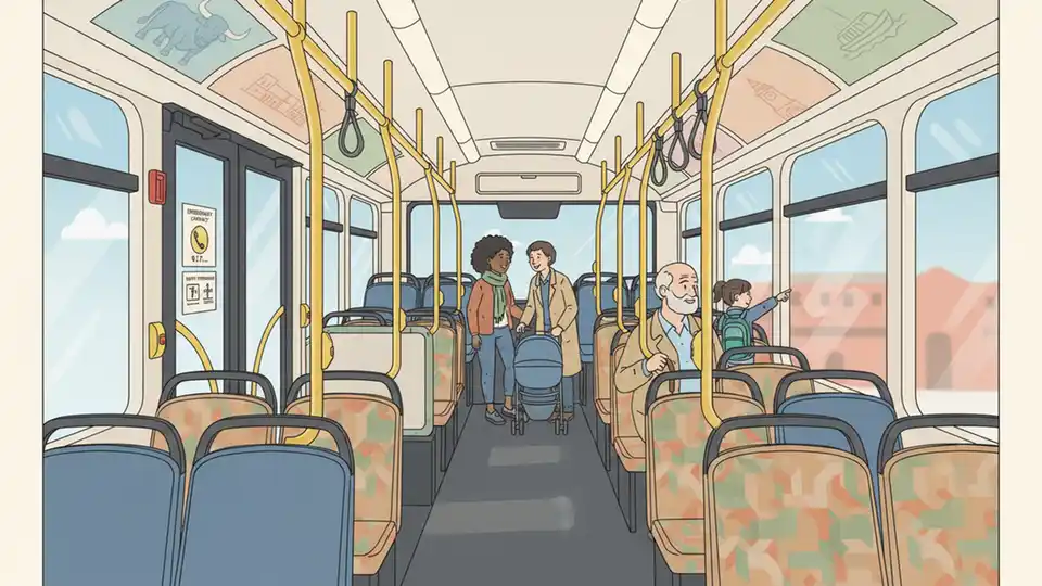 Bus interior showing passenger seating area and emergency contact information posted near doors