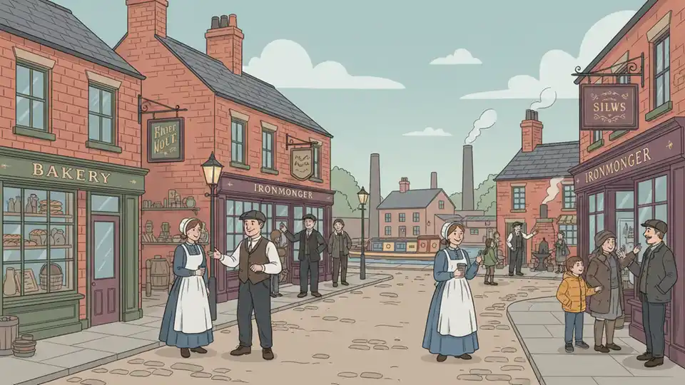 Historic Victorian-era street scene at Black Country Living Museum with period shops, costumed interpreters, and visitors experiencing industrial heritage