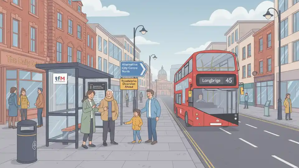 Birmingham city center street with bus stop and directional signage showing alternative route