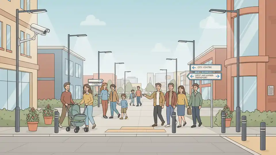 Well-lit pedestrian walkway with CCTV camera and clear sightlines, showing improved street design features for safety