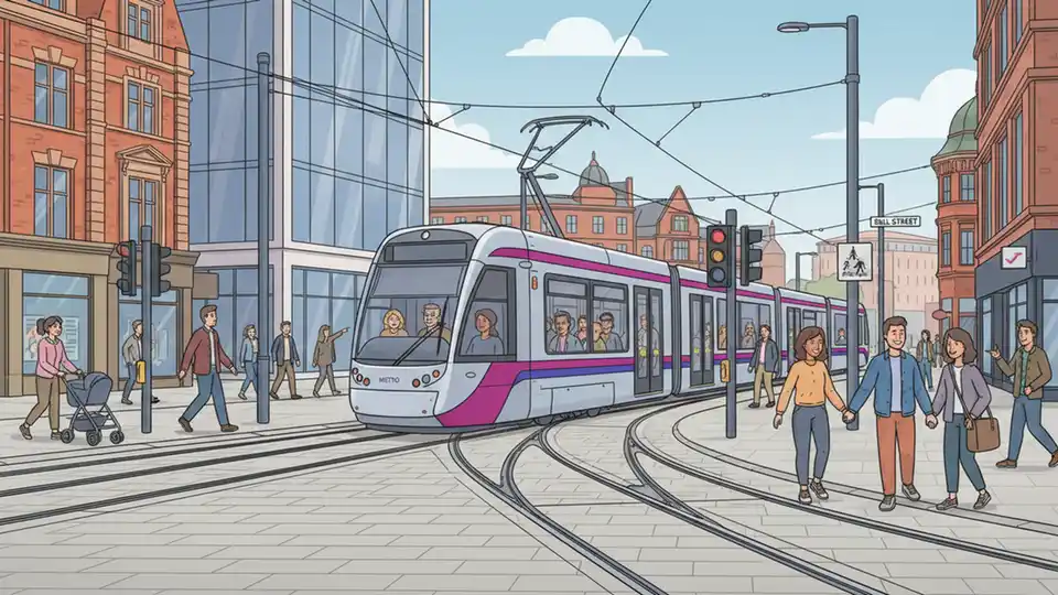 West Midlands Metro tram traveling through Birmingham city center with Bull Street junction and branching track infrastructure