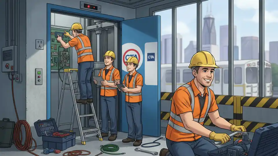 CTA rail station elevator with maintenance crew working on mechanical equipment, showing typical Chicago Transit Authority accessibility infrastructure