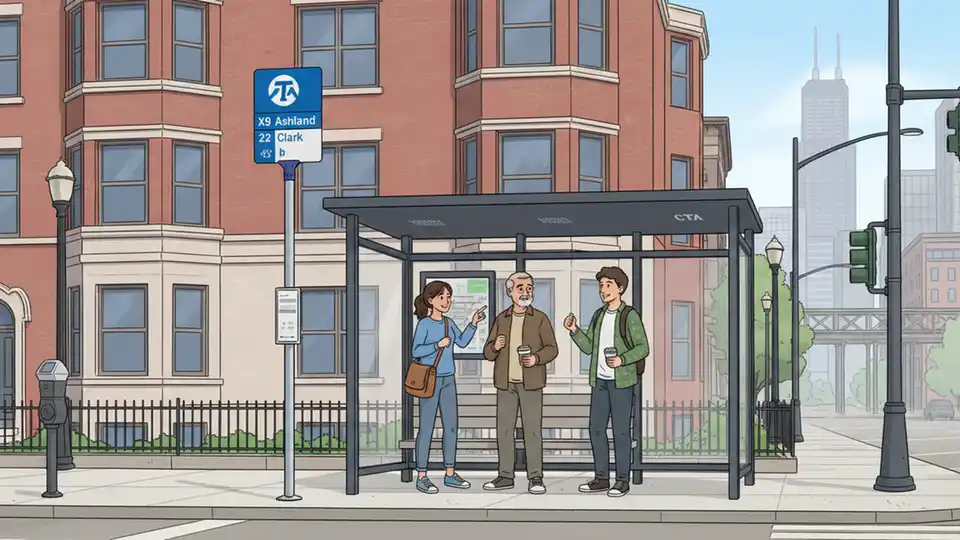 Chicago CTA bus stop sign and shelter on urban street corner with residential buildings in background
