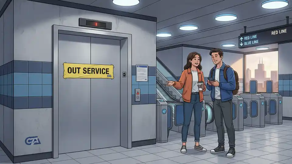 CTA elevator at rail station with out of service notice posted on doors