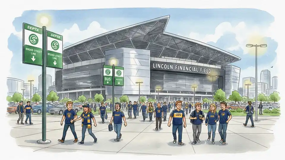 Lincoln Financial Field exterior with SEPTA transit signage and crowds of soccer fans approaching the stadium