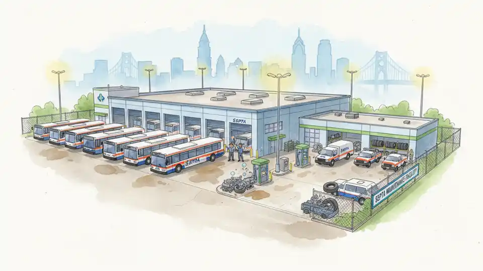 Transit agency maintenance facility with buses and service vehicles
