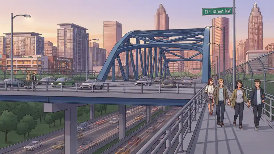 17th Street Bridge connecting Atlantic Station to Midtown Atlanta with pedestrian walkways and vehicle traffic