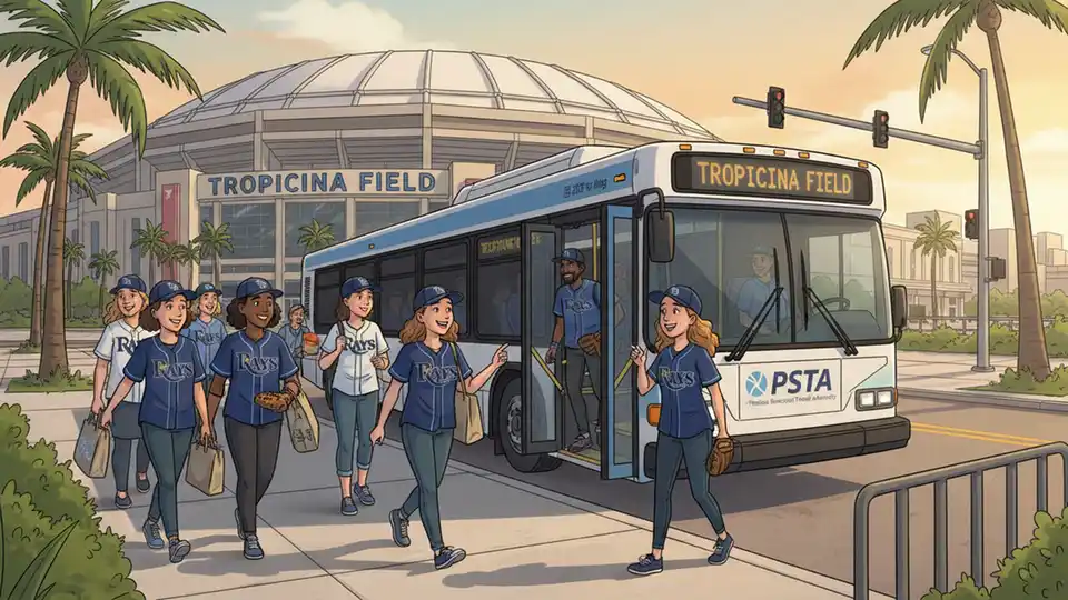 Baseball fans boarding transit bus near Tropicana Field with stadium entrance visible