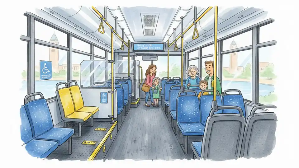 Interior of modern transit bus showing passenger seating capacity and accessibility features