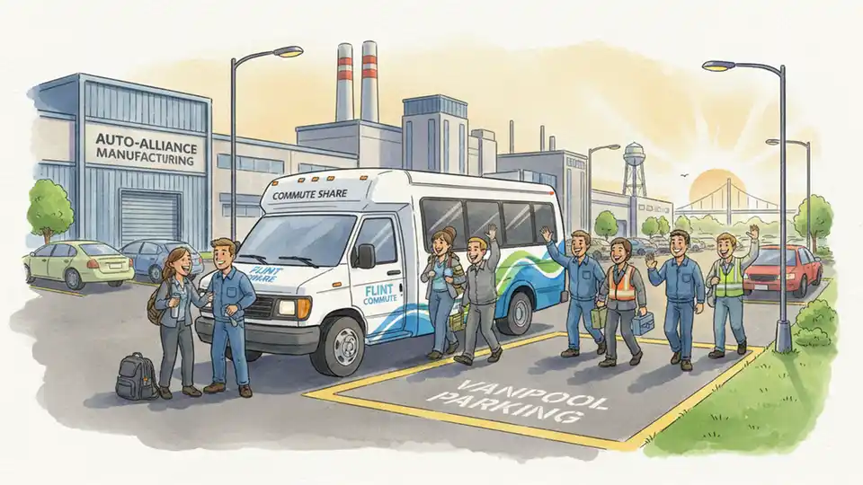 Vanpool vehicle parked at Michigan manufacturing facility with employees preparing for shift