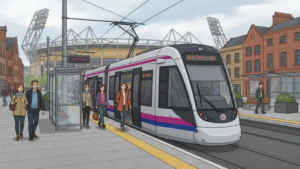 West Midlands Metro tram at Pipers Row Tram Stop with Molineux Stadium visible in background, modern light rail vehicle with passengers boarding