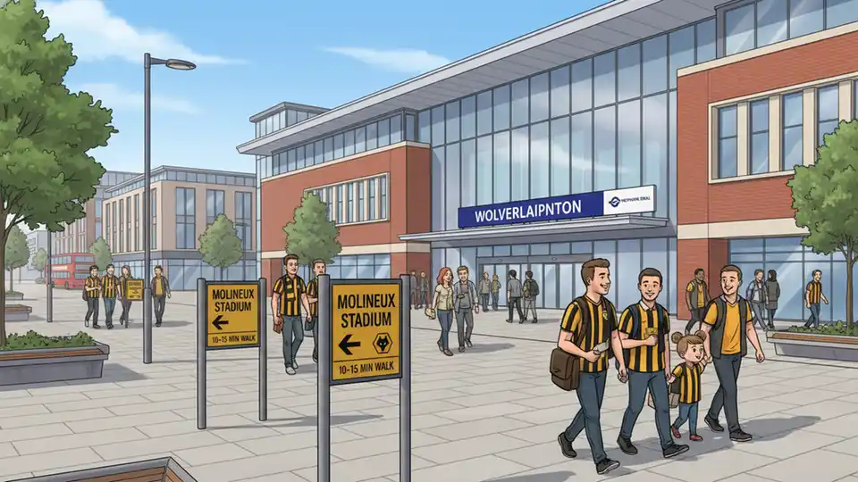 Wolverhampton Railway Station exterior with clear signage showing pedestrian route to Molineux Stadium, modern station building with fans walking toward stadium