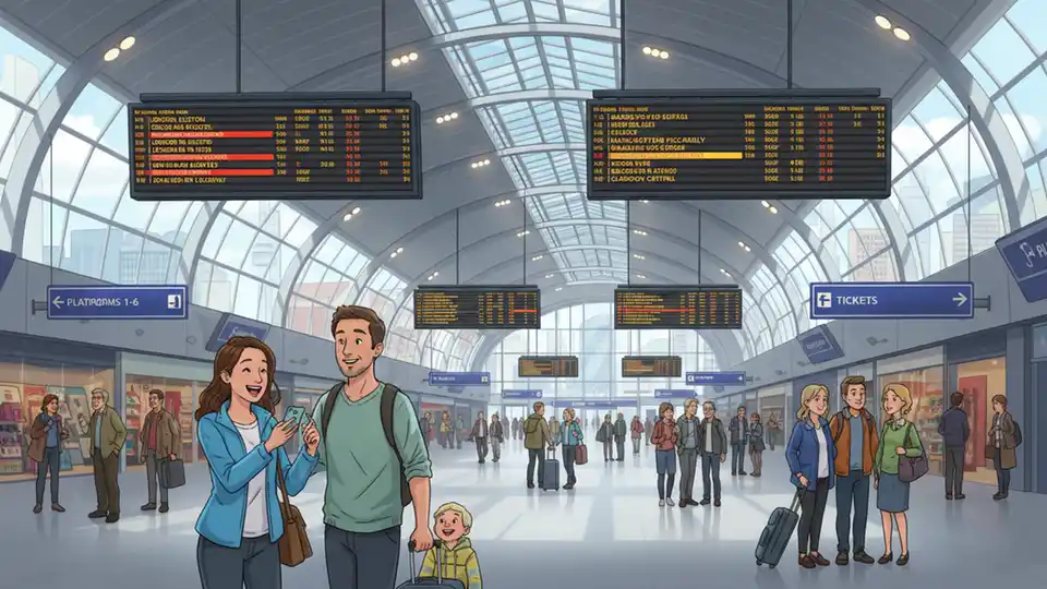 Birmingham New Street station concourse with departure boards showing service delays