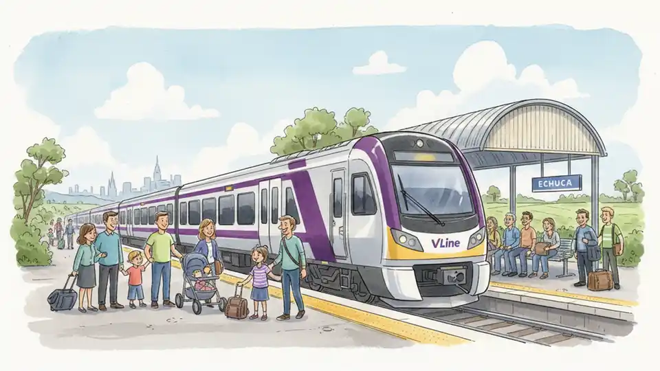 V/Line VLocity train at regional station platform with passengers waiting to board
