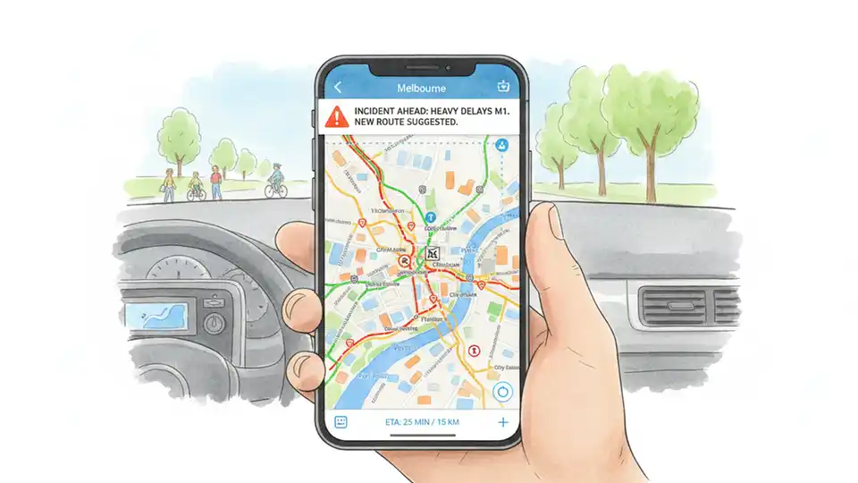 Mobile phone displaying traffic notification alert with Melbourne freeway map