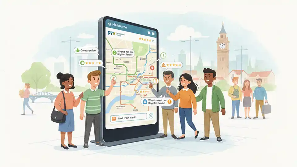 Interactive digital map display showing public transport routes and community feedback in Melbourne