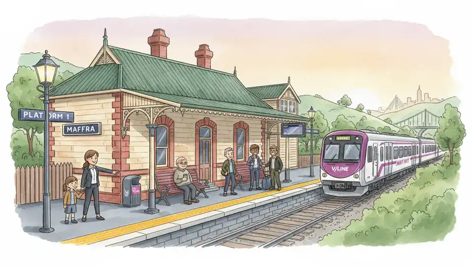 Historic V/Line train station platform in regional Victoria with heritage architecture