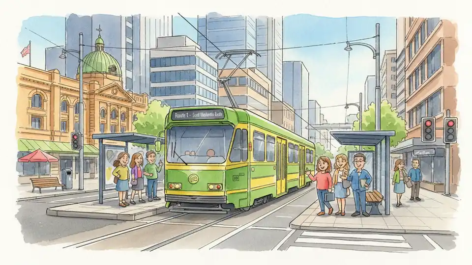Melbourne tram on Swanston Street with passengers waiting at stop, iconic green and gold tram in CBD with city buildings in background