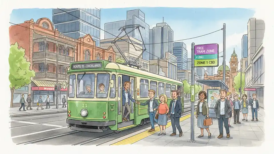 Melbourne tram at city center stop with passengers boarding during free fare period