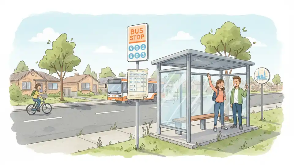Melbourne suburban bus stop with infrequent service schedule posted, showing outer suburb transit challenges