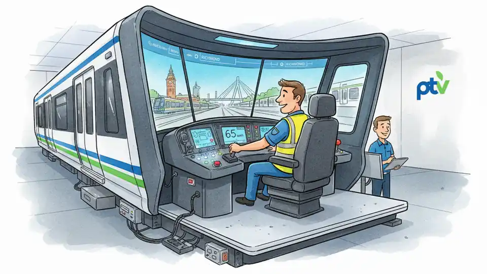 Full-size X'Trapolis 2.0 train simulator cabin with driver at controls practicing operations on Melbourne rail network routes