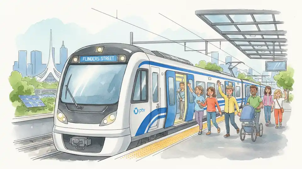 X'Trapolis 2.0 train on Melbourne rail network platform showing modern exterior design and passenger boarding doors