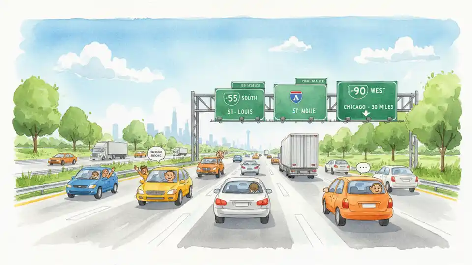 Illinois highway with heavy traffic during summer travel season, cars on interstate