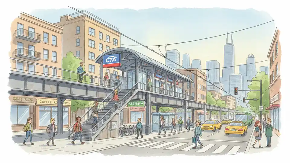 Illinois transit station with surrounding residential development and mixed-use buildings