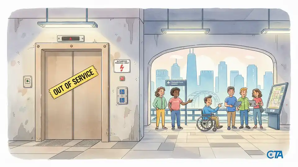 CTA elevator control panel and accessibility equipment at urban transit station, showing maintenance access door and out-of-service signage