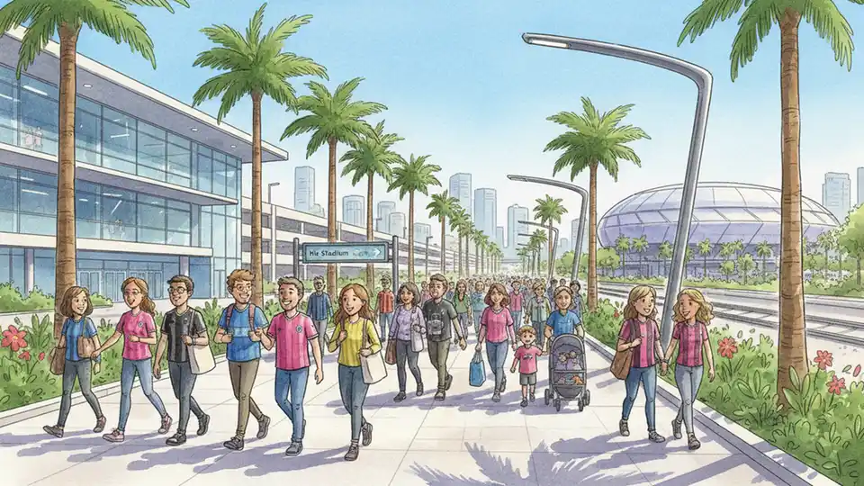 Fans walking from Miami Intermodal Center transit hub toward Nu Stadium at Miami Freedom Park