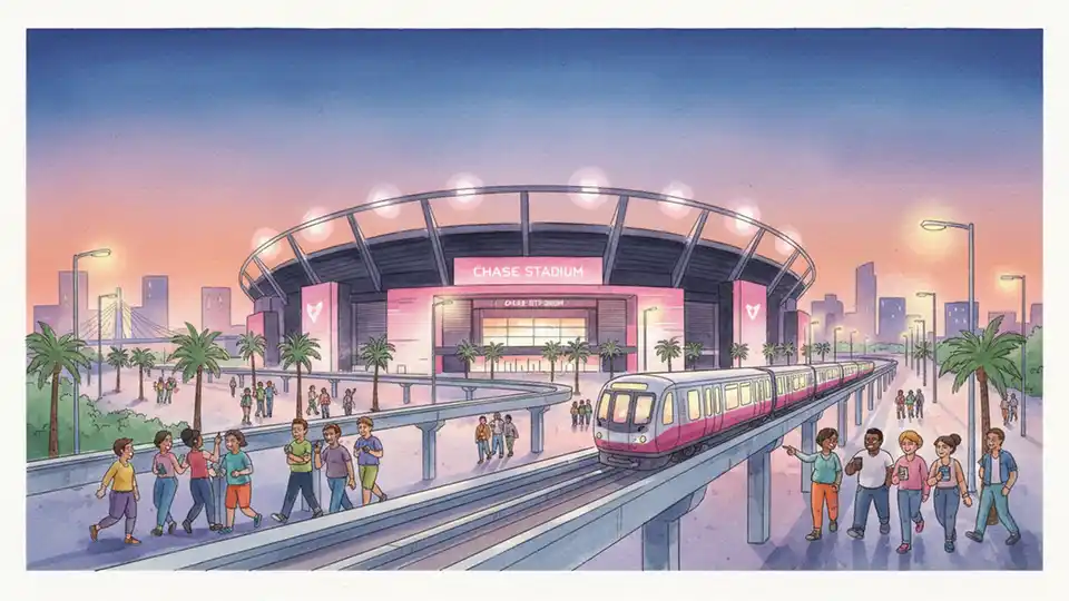 Wide shot of Nu Stadium exterior with Metrorail tracks visible in foreground, showing transit infrastructure connection to venue during evening match