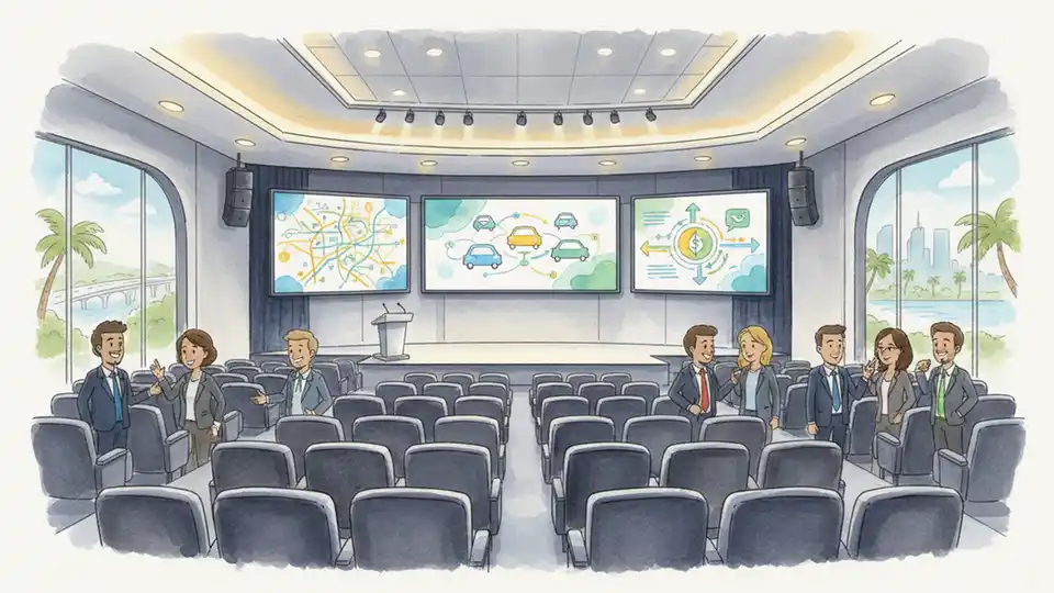 Interior conference hall setup with rows of seats facing presentation stage, professional lighting, and screens displaying urban mobility graphics