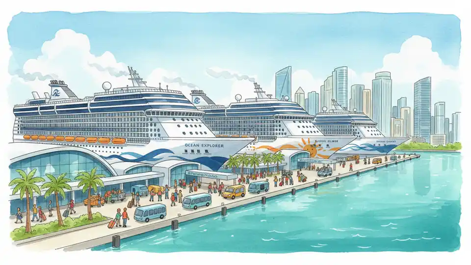 PortMiami cruise terminal with multiple large cruise ships docked at port with passengers boarding