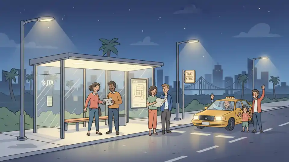 Transit center at night with illuminated bus shelter and taxi stand