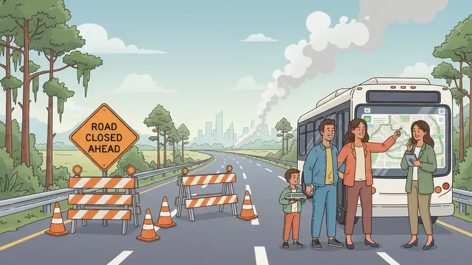 Road closure sign on highway with smoke visible in distance, Florida-Georgia border area