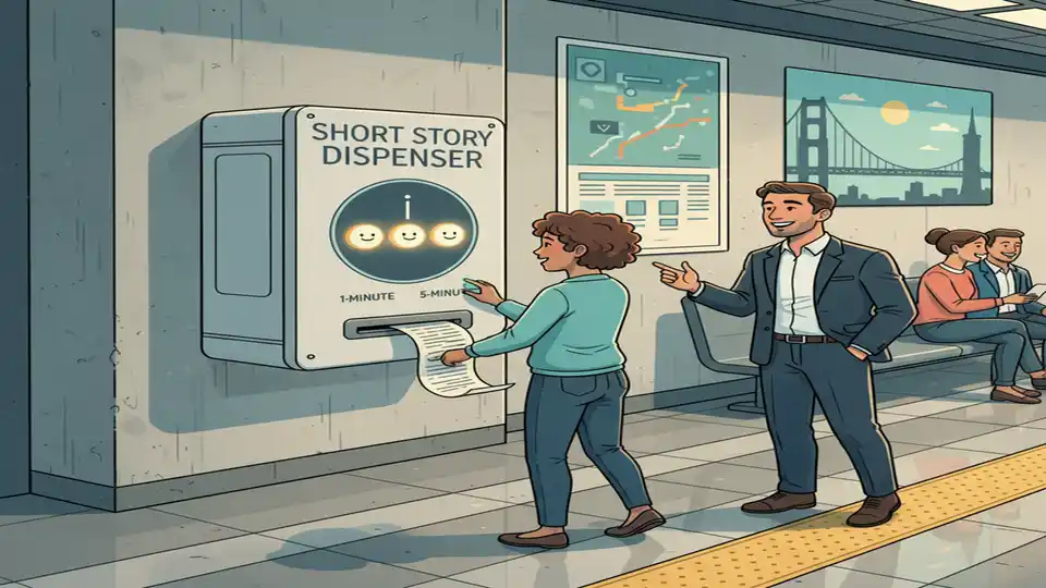 Short Story Dispenser machine mounted on wall at BART station platform, with button interface and paper story dispensing slot