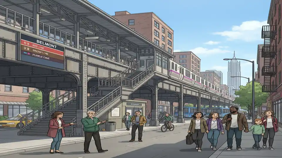 CTA Belmont station exterior showing elevated platform structure with Red Line, Brown Line, and Purple Line signage visible