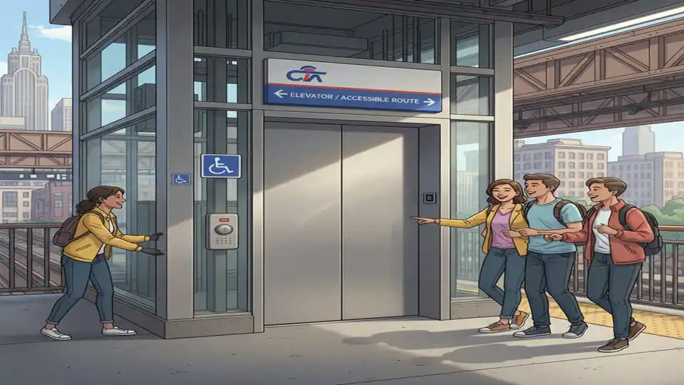 CTA elevator entrance at elevated rail station with accessibility signage and call button